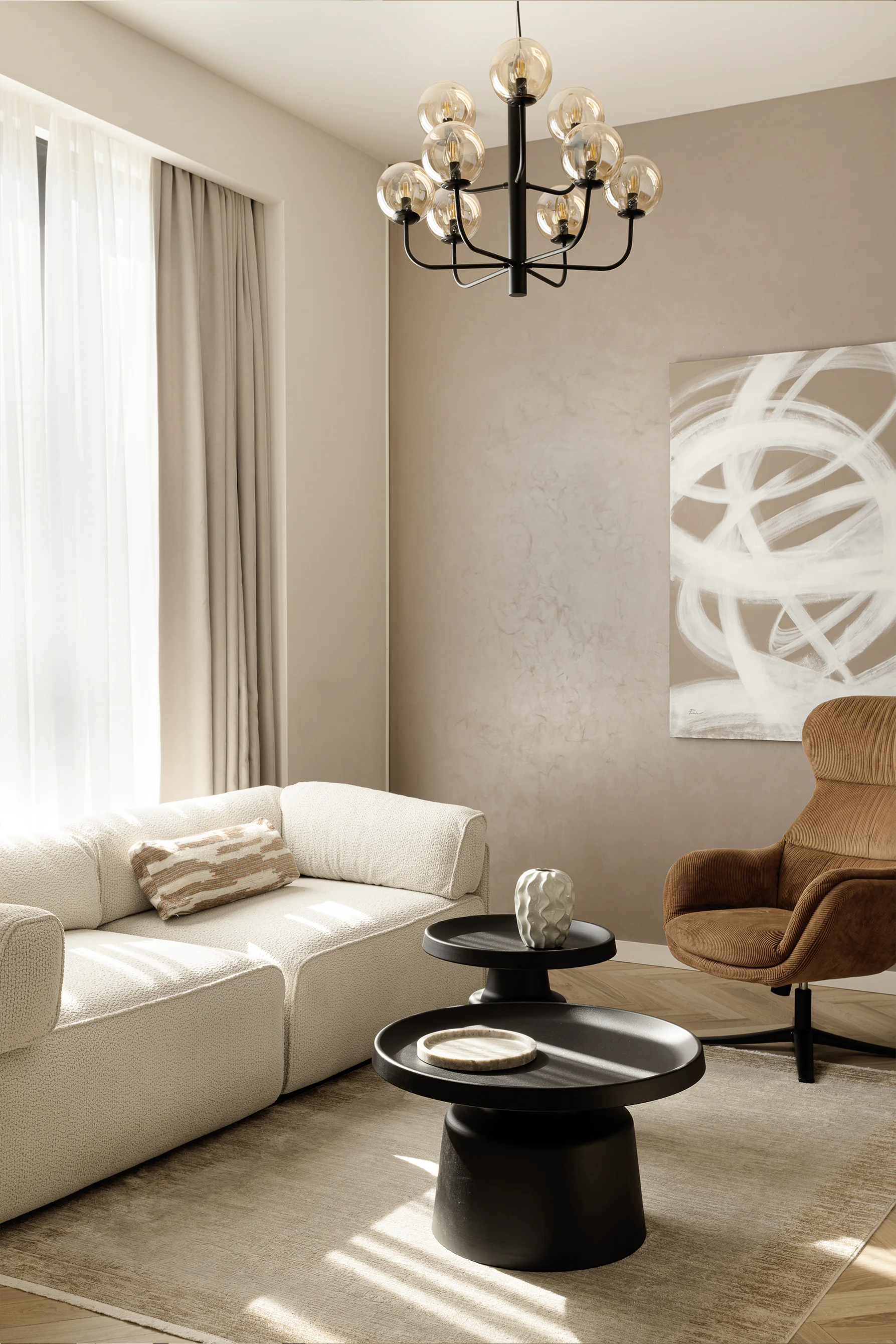 Arcus finished bedroom—soft neutrals, boucle headboard and layered throw, slim reading lamp, desk by window with curtains, herringbone floor