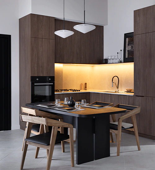 Japandi-style kitchen and dining area in a long-term rental townhouse renovated by Arcus in Chakvi