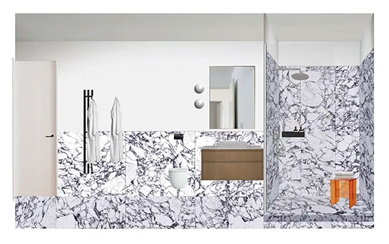 Bathroom collage with white marble-look wall and floor tile, walk-in shower with rain head, floating wood vanity, wall-hung toilet, black towel rail, and amber acrylic stool