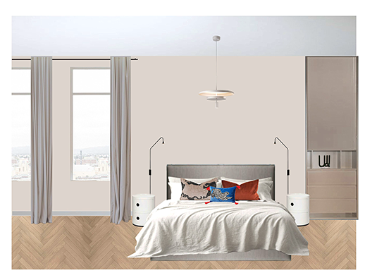 Bedroom collage with upholstered bed, white bedding, colorful accent pillows, pendant ceiling light, slim black reading lamps, round white nightstands, full-height curtains, and built-in wardrobe