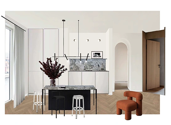Interior collage of compact open-plan kitchen and dining area with white cabinetry, stone backsplash, black-framed island table, pendant lights, herringbone wood floor, and sculptural rust-colored accent chair