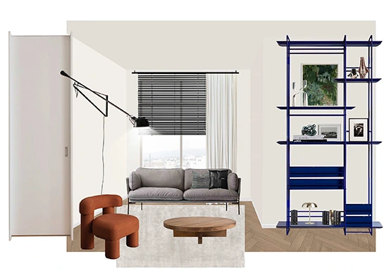 Interior collage of living room with gray sofa, black wall-mounted swing arm lamp, cobalt blue open shelving, rust-colored lounge chair, round wood coffee table, and window with black blinds and white curtains