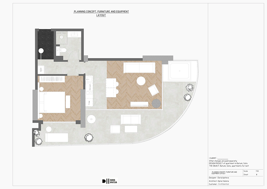 Apartment floor plan with proposed furniture layout, created during interior design planning phase by Arcus