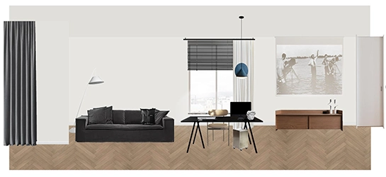`Home office collage with black sofa, black desk and computer, blue pendant light, floor lamp, window with blinds and curtains, floating wood sideboard, and herringbone wood floor`
