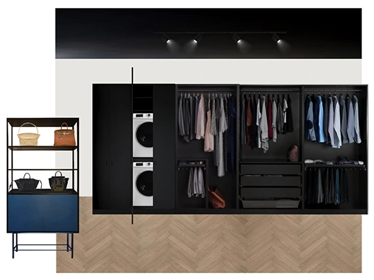`Walk-in wardrobe collage with black built-in closet system, hanging rails, drawers, shelves, integrated washer and dryer, accent display cabinet, track lighting, and herringbone wood floor`
